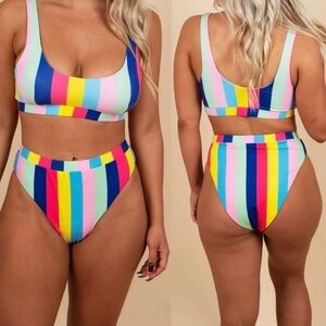 NWT Beach Joy rainbow colorful striped high waisted French cut bikini